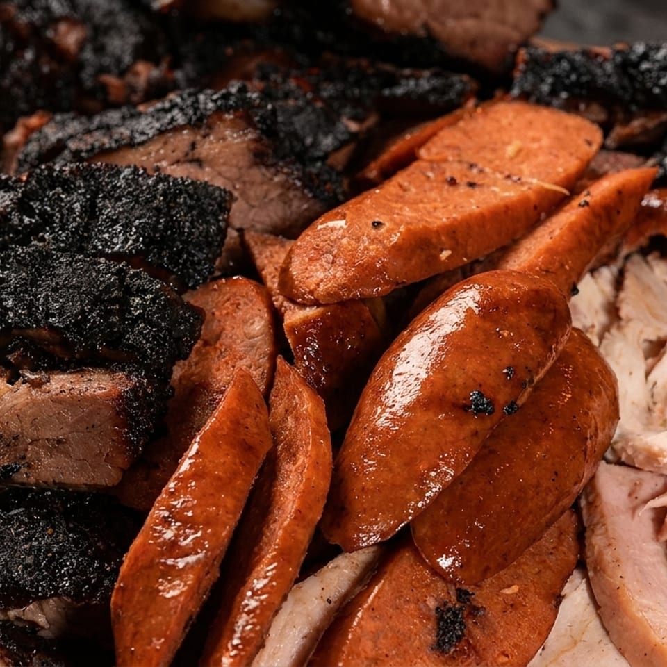 Close-up of sliced smoked meats, sausages, and tender barbecue with dark, charred crusts.