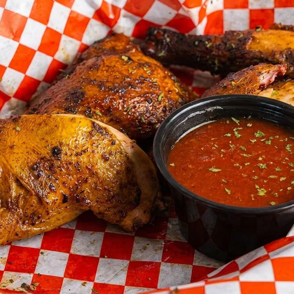 Four grilled stuffed tacos served in red-and-white checkered paper with a cup of red dipping sauce.