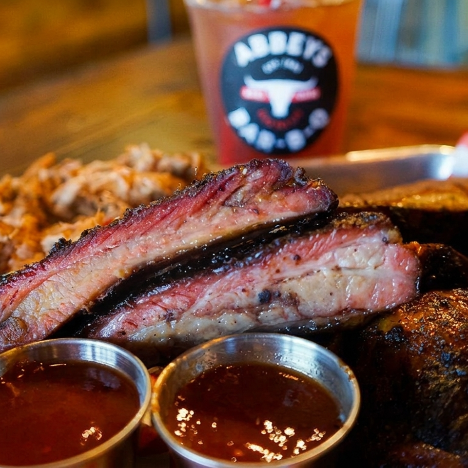 Barbecue platter featuring sliced smoked ribs, grilled meats, fried sides, two sauce cups, and a branded red drink.