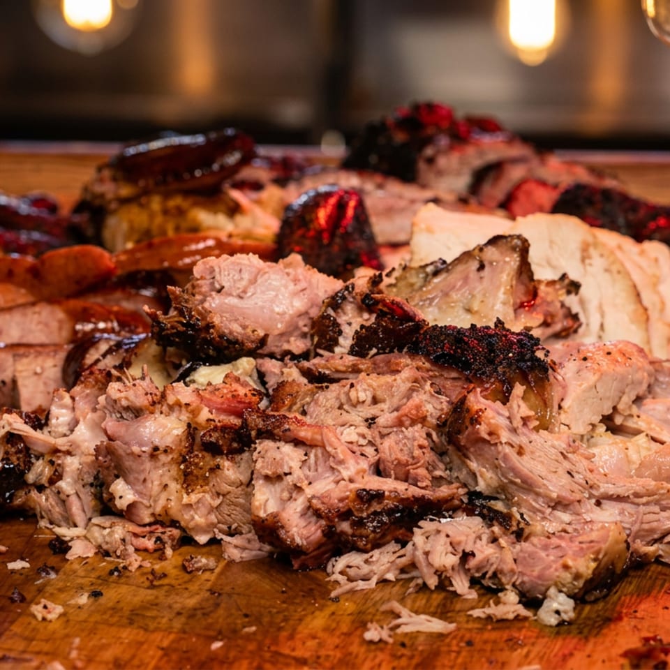 Assorted roasted meats, sausages, and sliced poultry piled on a wooden carving board in a warmly lit restaurant.