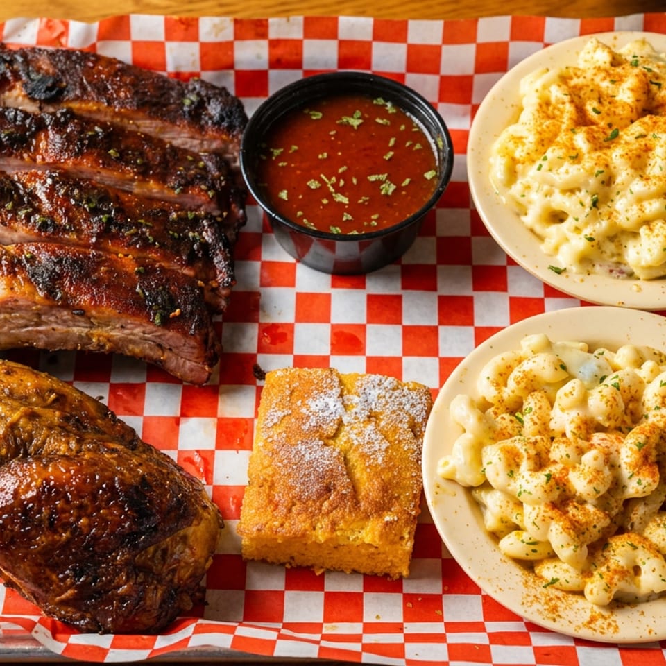 Barbecue tray featuring glazed ribs, grilled chicken, two bowls of macaroni and cheese, cornbread, and dipping sauce.