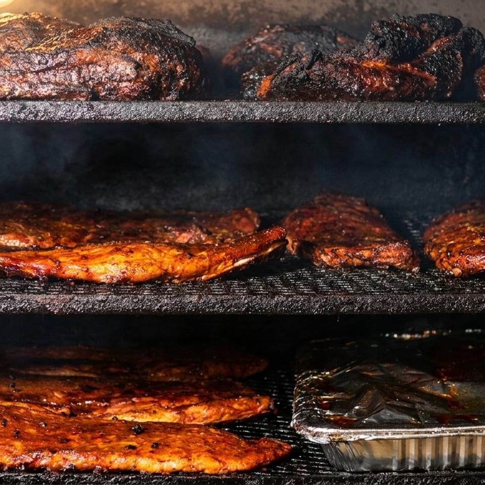 Smoked barbecue ribs and other meats arranged on three racks inside a dark commercial smoker.