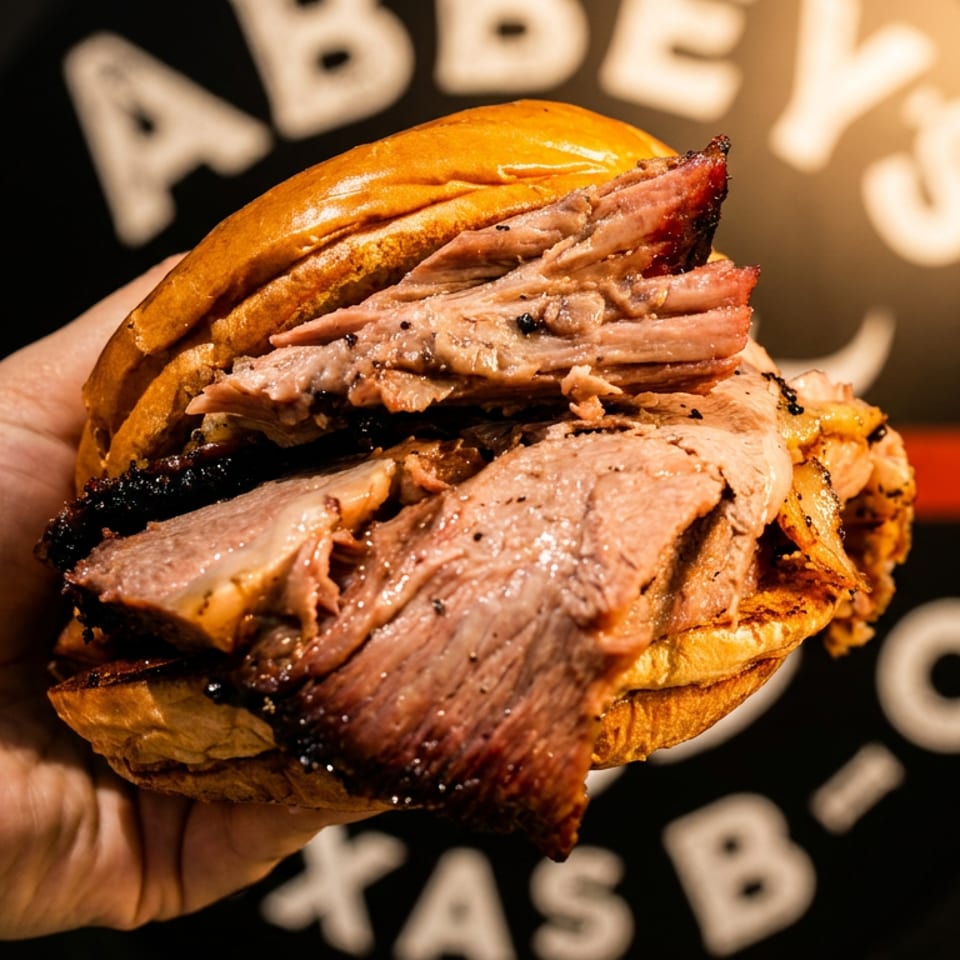 Hand holds an oversized toasted sandwich layered with thick slices of roast meat against a dark restaurant backdrop.