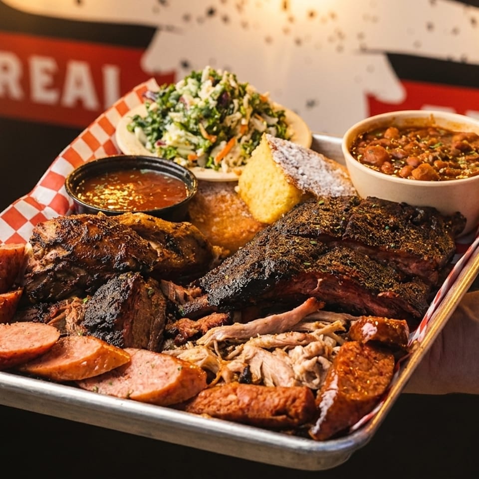 Loaded barbecue platter with brisket, ribs, sausages, pulled pork, beans, coleslaw, cornbread, and dipping sauce.