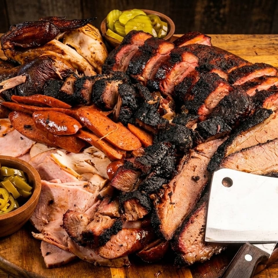 Assorted smoked barbecue meats fill a wooden cutting board, accompanied by sliced pickles, jalapeños, and cleavers.