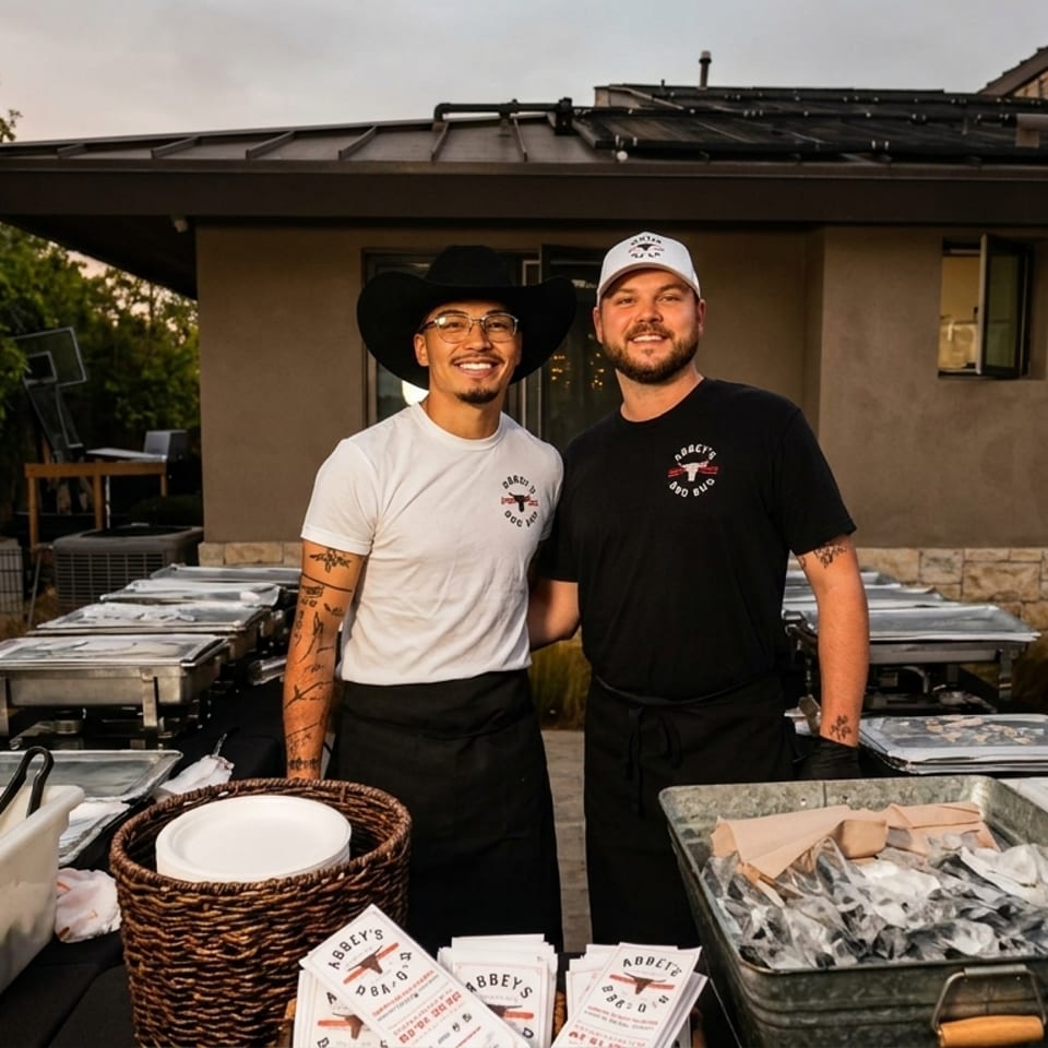 Two smiling catering staff stand behind buffet trays and chilled oysters outside a restaurant.