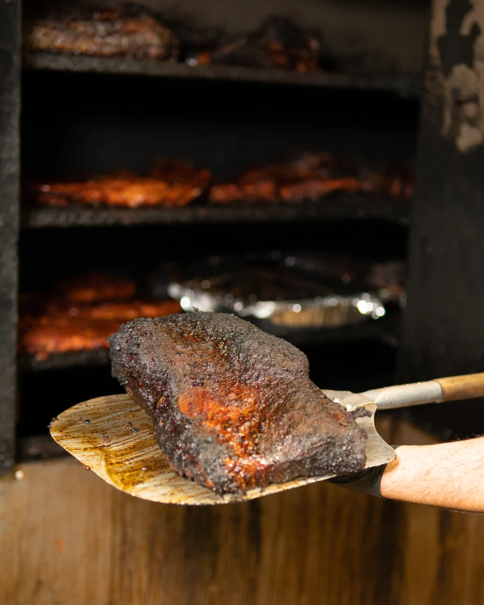 Smoked brisket served at Abbey&rsquo;s Real Texas BBQ in San Diego