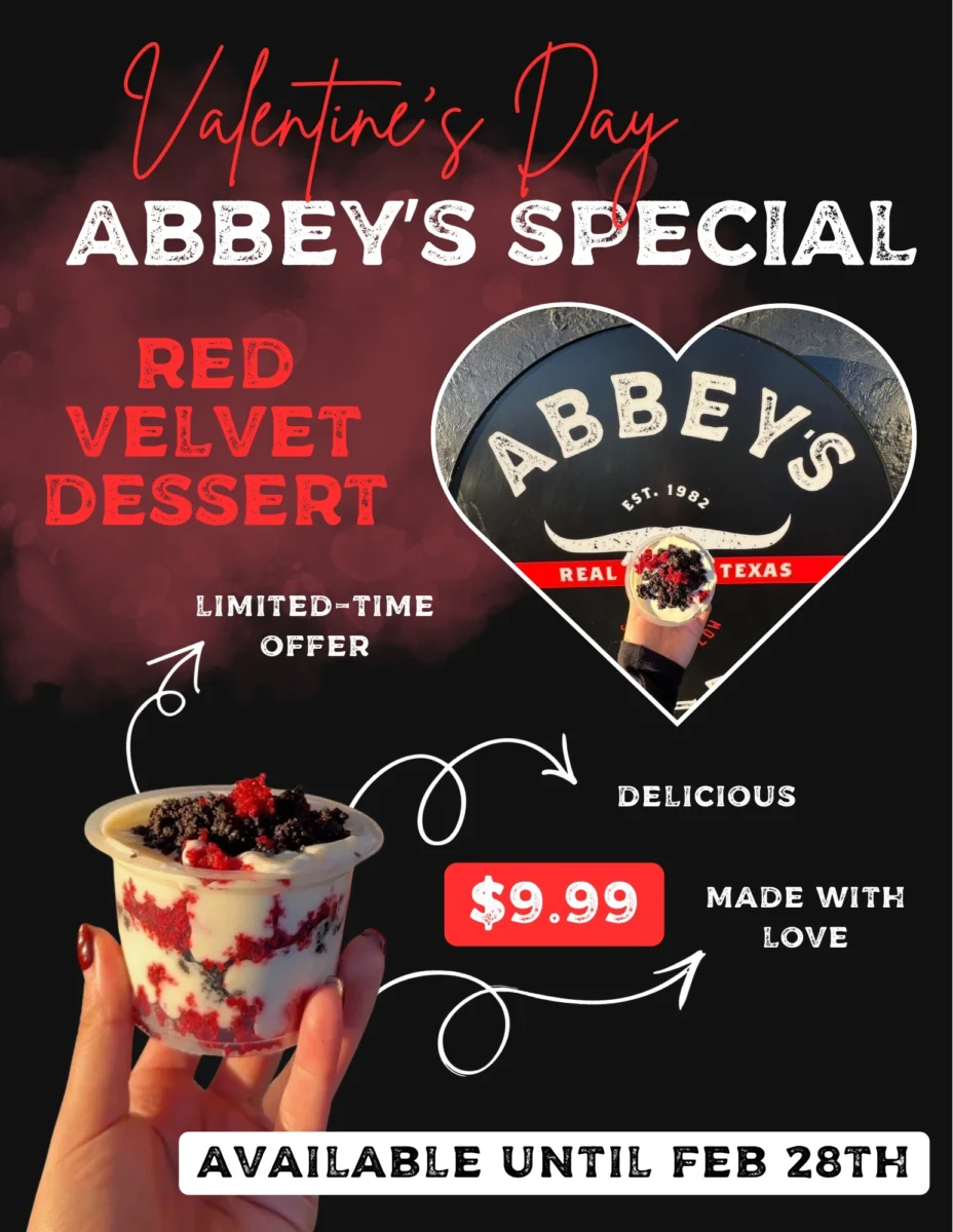 Valentine’s Day red velvet dessert special at Abbey’s Real Texas BBQ for $9.99
