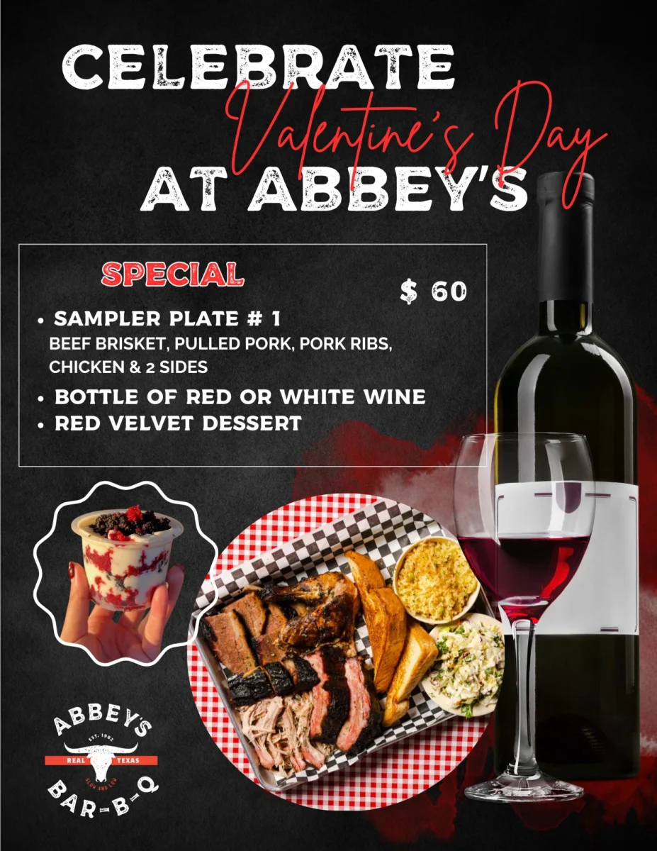 Valentine&rsquo;s Day BBQ sampler plate with brisket, ribs, pulled pork, chicken, wine, and red velvet dessert at Abbey&rsquo;s Texas BBQ in San Diego